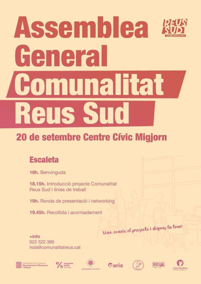 Mas_Carandell's tweet photo. 📣I Assemblea general de la #ComunalitatReusSud
🗓️Dt, 20/9, a les 18 hores
📍Al Centre cívic Migjorn
👉Es donarà a conèixer el projecte #Comunalitat #Reus Sud i les seves línies de treball a la ciutadania
#ods8 #ods17 https://t.co/KN35MFDOf5
