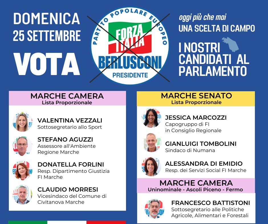 ForzaMarche's tweet photo. Forza Italia è l’unico partito che ha scelto di candidare nelle Marche due membri di Governo, una squadra forte e unita, di esperienza e che sa governare, con candidati alla guida della regione e dei principali comuni marchigiani.
Il 25 settembre vota #ForzaItalia @forza_italia https://t.co/NrMhHfqBgf