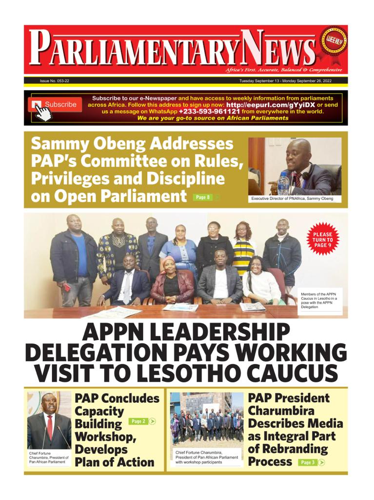 PNAfricawatch's tweet photo. In the headlines today, #PNAfrica's @SammyObeng addresses @AfrikParliament (PAP) committee on Rules, Privileges and Discipline on #OpenParliament during visit to Lesotho. 

Grab a copy! 

Full Story here : https://t.co/FOeeTqbw8n

Newspaper subscription : https://t.co/x2b4MjB6Zw https://t.co/uK6gTRjM3f