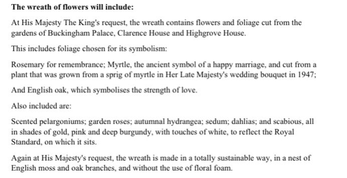 LizzieITV's tweet photo. The sustainable wreath on the Queen’s coffin contains flowers and foliage cut from the gardens of Buckingham Palace, Clarence House and Highgrove House, at the King’s request. There is also a touching nod to her beloved Prince Philip. https://t.co/dwWz5QeQE1