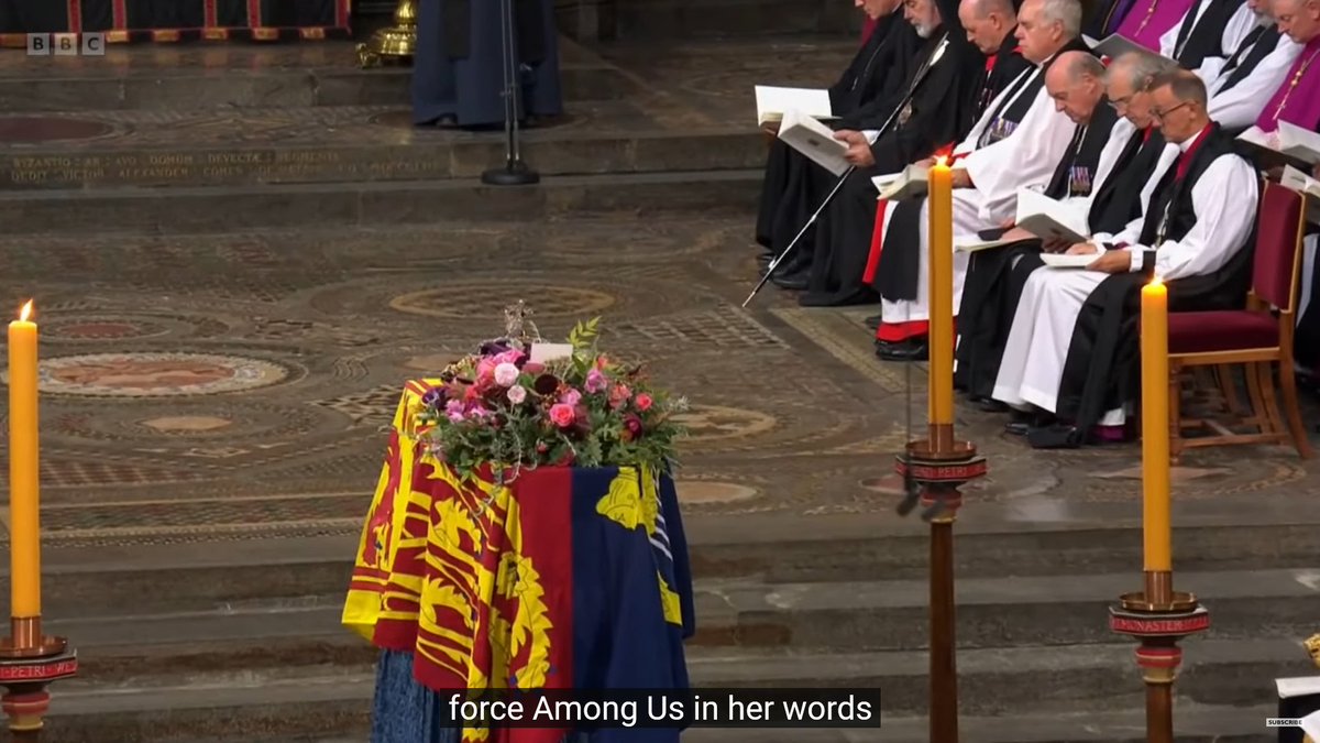 shulkfromxeno's tweet photo. crying at the fact that the queens funeral accidentally capitalised the auto subtitles when it said among us https://t.co/doouxl7KTz