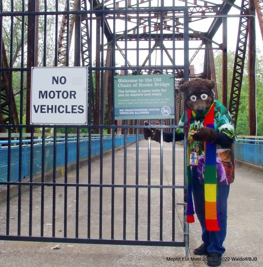 THE_BJBUTTONS's tweet photo. #Waldolf at the entrance gate on the Illinois side of the #OldChainOfRocksBridge. This bridge carried #US66 across the #Mississippi River till 1965 It also was used as the 69th st bridge in the movie Escape from New York   #fursusit #fursuiter #fursuiting #bear #costume https://t.co/5BCbGgQD2G