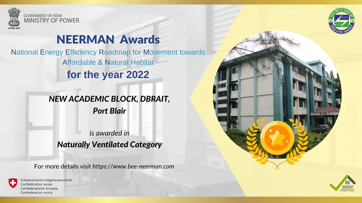 AwardsNeerman's tweet photo. ‘New Academic Block, DBRAIT’ at #Portblair was awarded under the ‘Naturally Ventilated Category’ by the jury for @beeindiadigital NEERMAN Awards at ANGAN 2022 on 15th of September 2022.

Congratulations to the team for the feat!

#ventilation #lowenergy #passivedesign #cooling https://t.co/OWDEdpMn6R