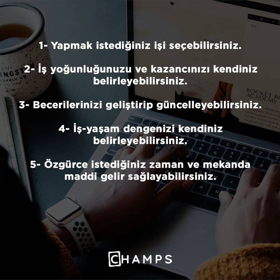 Champs_TR's tweet photo. Champs ile uzaktan çalışan girişimciler, kendi belirledikleri koşullarda ve kendi seçtikleri
firmalarla çalışırlar .

Siz de uzaktan çalışmaya başlamak için web sitemiz üzerinden üyelik formunu doldurabilirsiniz.

#champs #freelancework https://t.co/RaCKrJXwCc