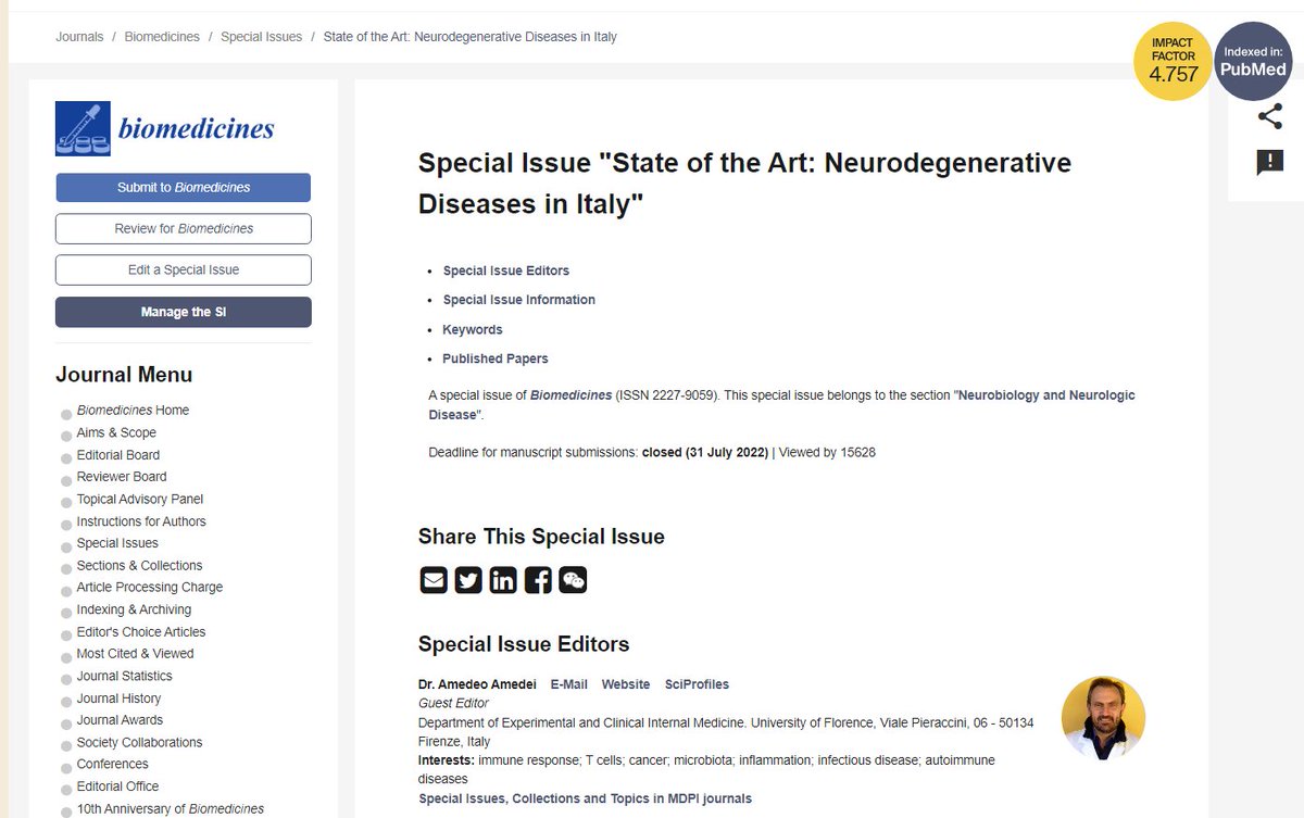 Special Issue "State of the Art: #Neurodegenerative Diseases in #Italy" Guest Edited by Dr. Amedeo Amedei  and Prof. Dr. Jessica Mandrioli 
🎆link: mdpi.com/journal/biomed…