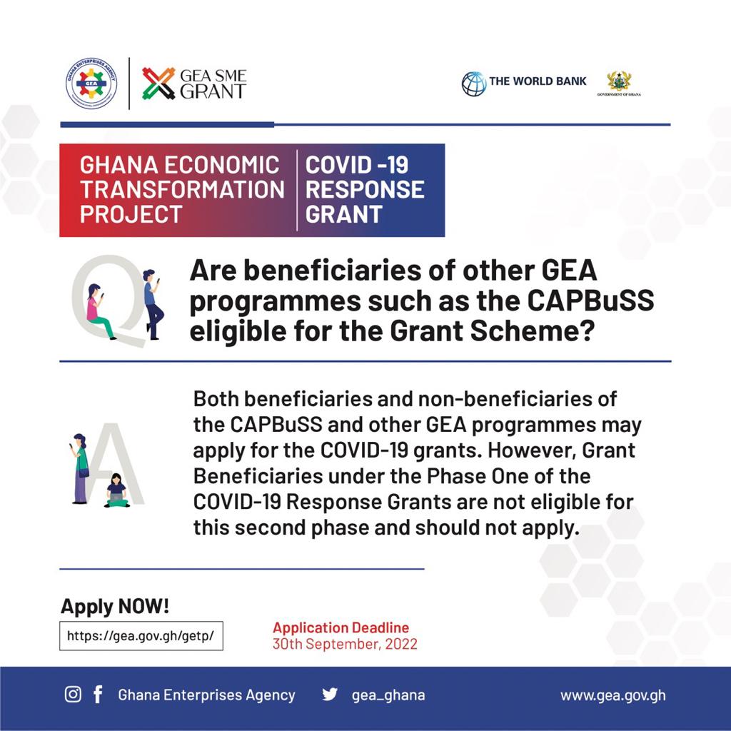 gea_ghana's tweet photo. Beneficiaries and non-beneficiaries of the CAPBuSS and other GEA programmes may apply for the COVID-19 Grant, with the exception of beneficiaries of Phase One of the #COVID19ResponseGrant.

#GETP       
#EmpoweringPeople
#GrantSectoralExpansion
#TransformingSMEs https://t.co/9XSSsOMu1s