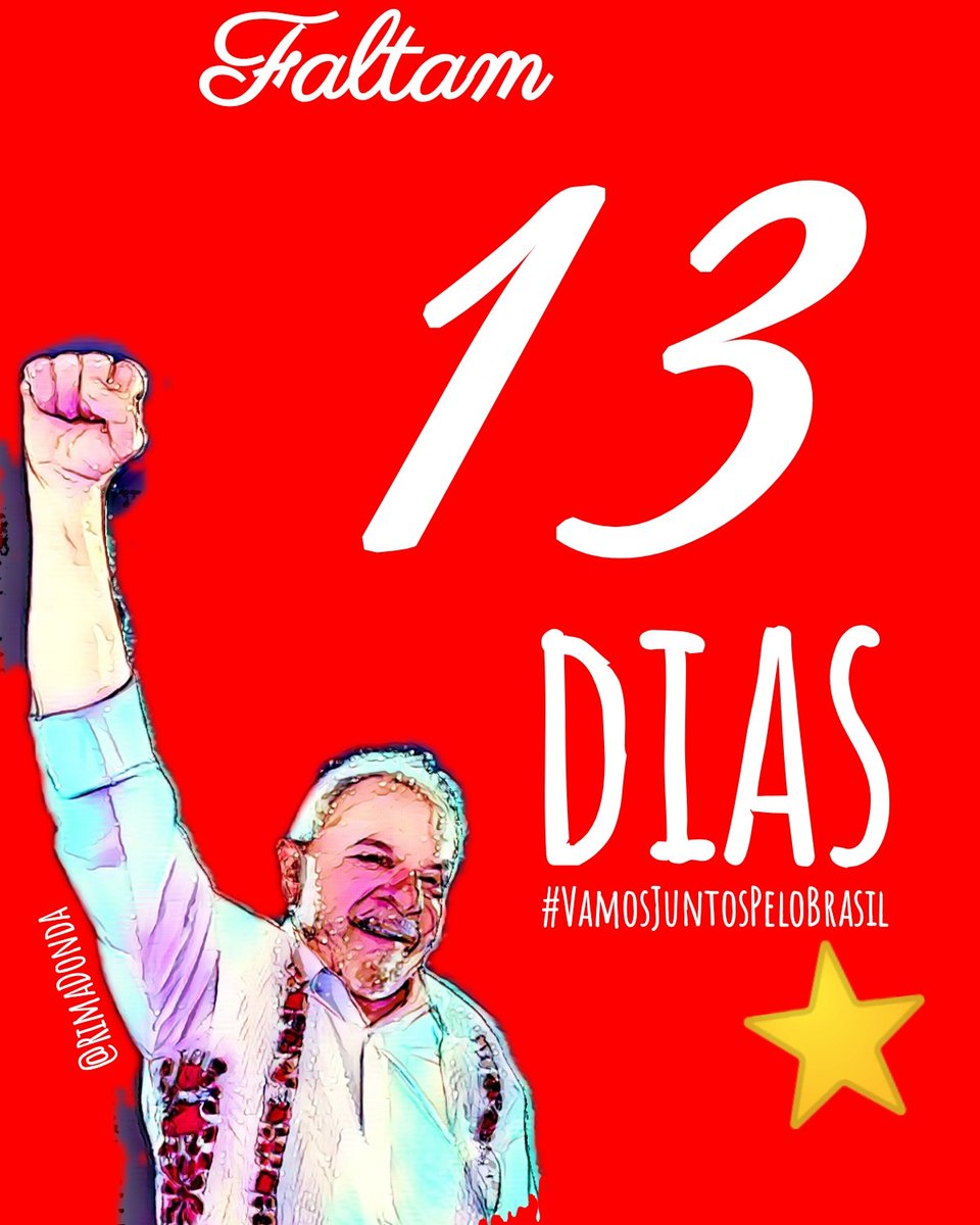 RimaDonda's tweet photo. Faltam exatos 13 dias para o Brasil ser feliz de novo!!
#VamosJuntosPeloBrasil 
#LulaNoPrimeiroTurno 

🎨 @RimaDonda https://t.co/p59QeQtbOx