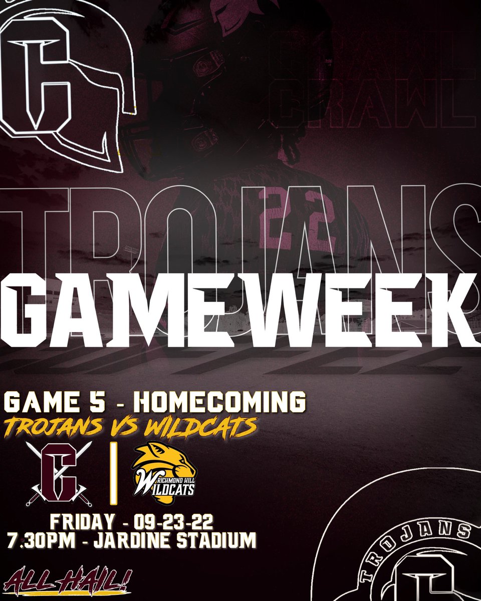 It’s Homecoming Week in the Land of The Trojans! Come celebrate with us Friday as we host the Wildcats!

⚔️  x 😾

🎟:Richmond Hill
📅:09/23/22
⏰:7:30PM
📍:Jardine Stadium - Douglas

#CRAWL | #ALLHAIL | #TROJANS⚔️