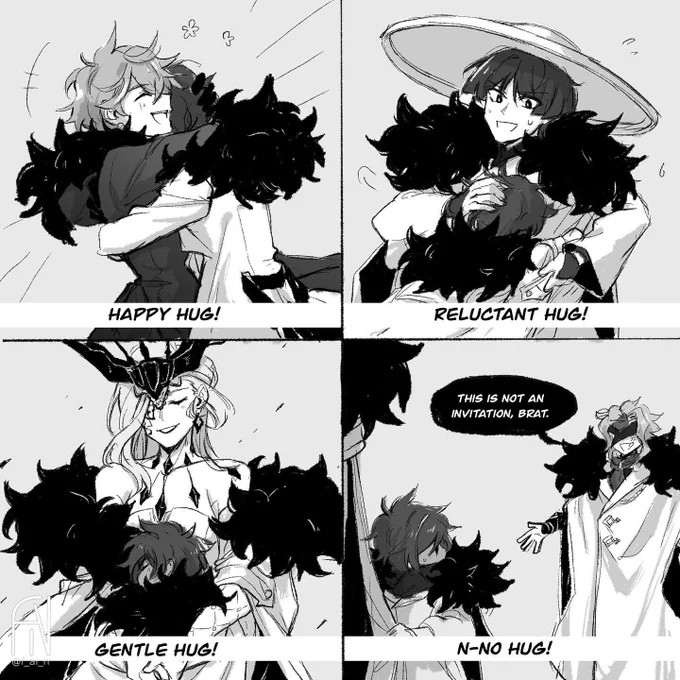 Hug types - Harbinger edition!
-
(Pierro is not Kaeya's bio dad HC/Fatui adopt Kaeya AU) i saw a post of Harbingers always spreading their arms open on my explore page and my conclusion is that they need a hug. Thank u for coming to my ted talk. 