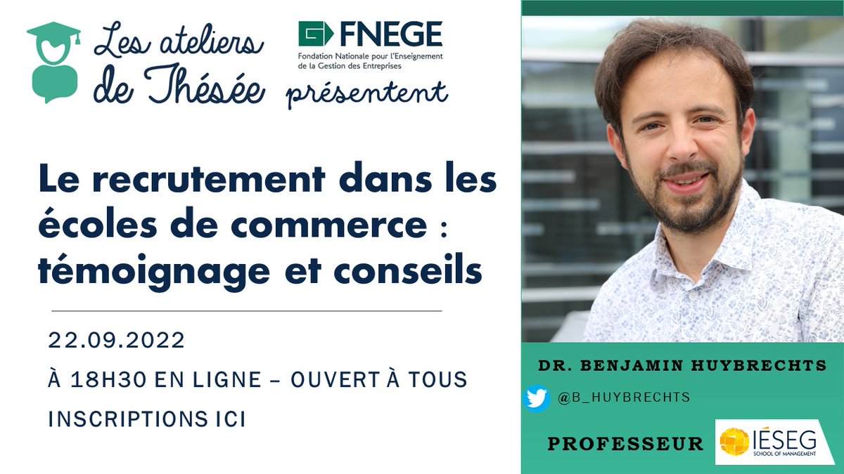 Margaux_vales's tweet photo. Doctorants et jeunes docteurs, envie d'en savoir plus sur le recrutement en école de commerce ? Viens écouter @b_huybrechts jeudi 22 à 18h30 avec @AteliersThesee https://t.co/gGqowdtFke