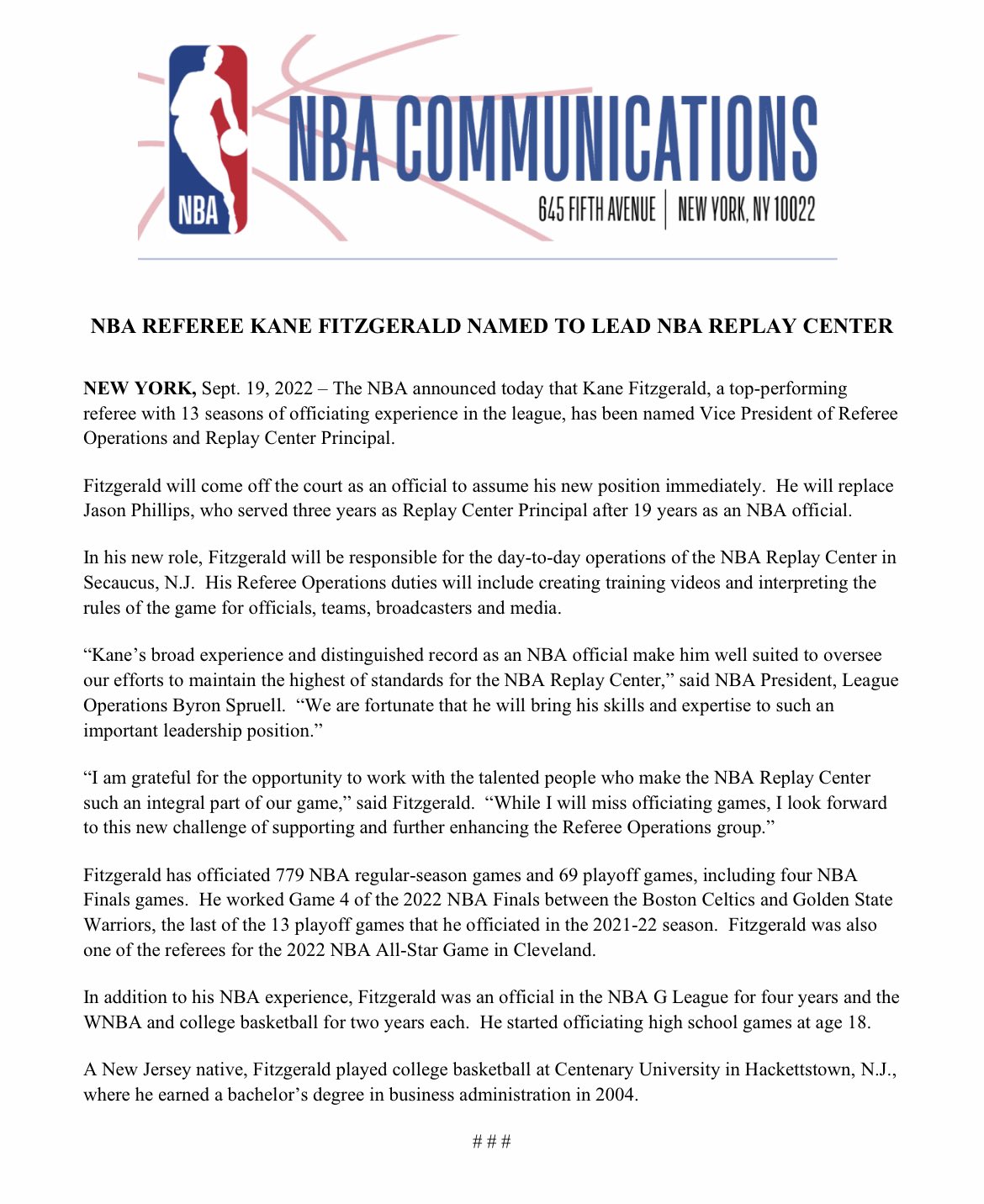 NBA referee Kane Fitzgerald named to lead NBA Replay Center