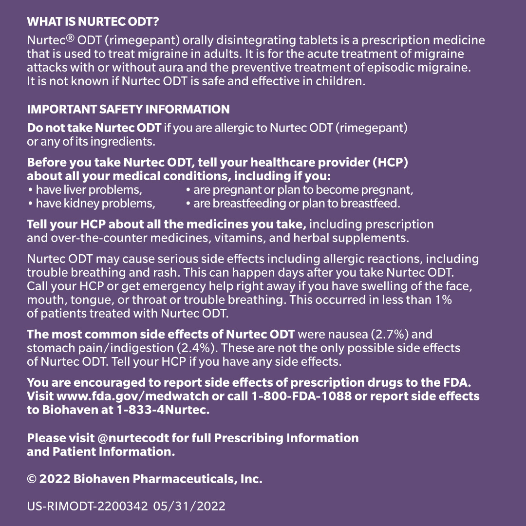 Having #migraine pain at work by ✨generation✨
For acute treatment of migraine &amp; preventive treatment of episodic migraine in adults. Don’t take if allergic to Nurtec ODT. Most common side effects were nausea (2.7%) &amp; indigestion/stomach pain (2.4%). PI bit.ly/2PwQ8OL