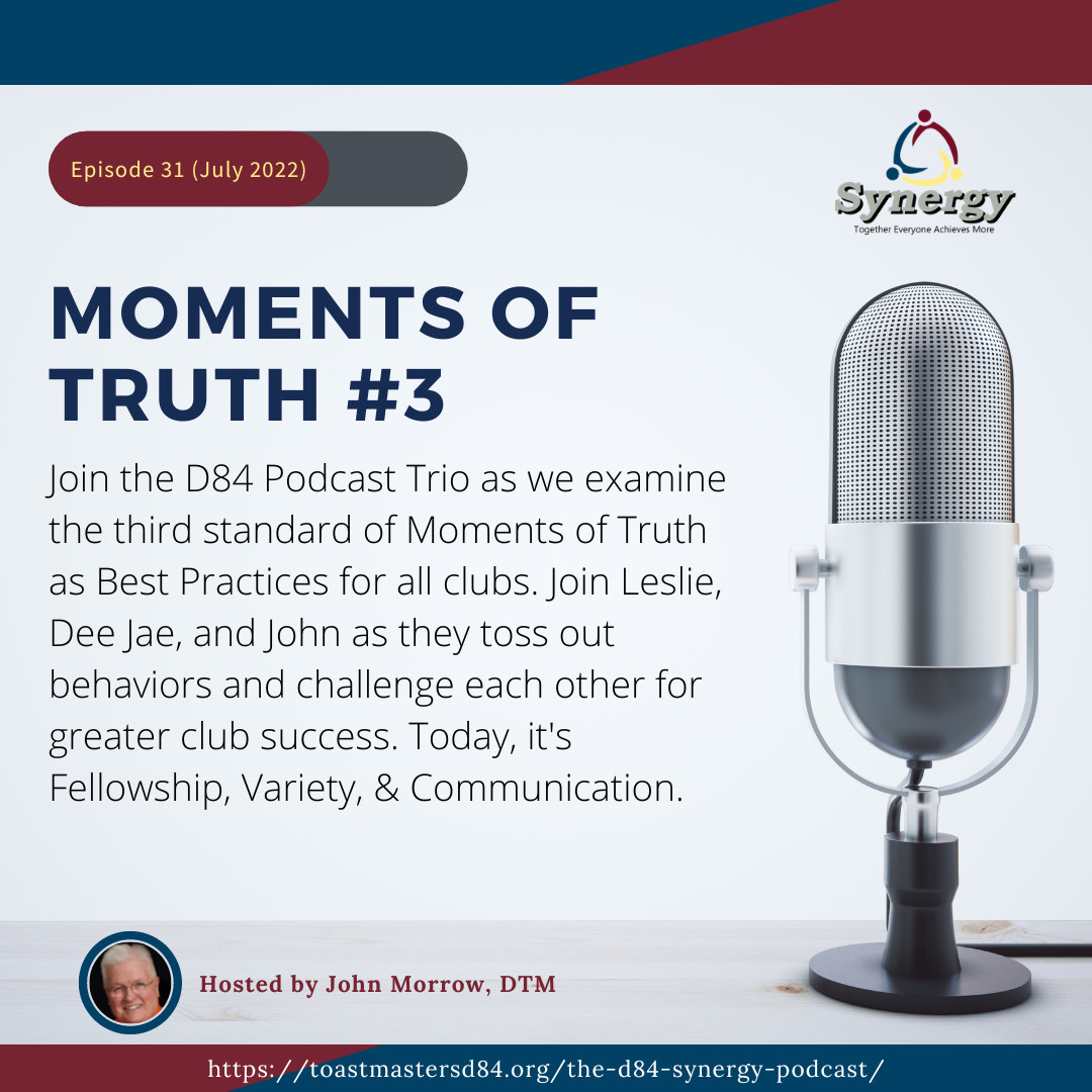 tm_d84's tweet photo. Did you miss it? 🎤 Join the D84 Podcast Trio as we examine the third standard of Moments of Truth, Fellowship, Variety, &amp; C... https://t.co/txYBmGXAFO
#podcast #tmd84 #toastmasters #communication #leadership #synergy #deejaedurante #johnmorrow #fellowship #variety #communication https://t.co/b01Tg8PbM6