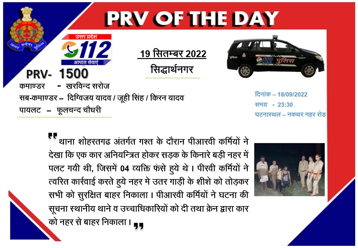 112UttarPradesh's tweet photo. #सिद्धार्थनगरः थाना शोहरतगढ़ अन्तर्गत गश्त के दौरान नहर में पलटी कार में फंसे 04 व्यक्तियों को #PRV1500 ने सुरक्षित बाहर निकाला ।
#PRVofTheDay ⁦@siddharthnagpol⁩ https://t.co/iv45dGL6hb
