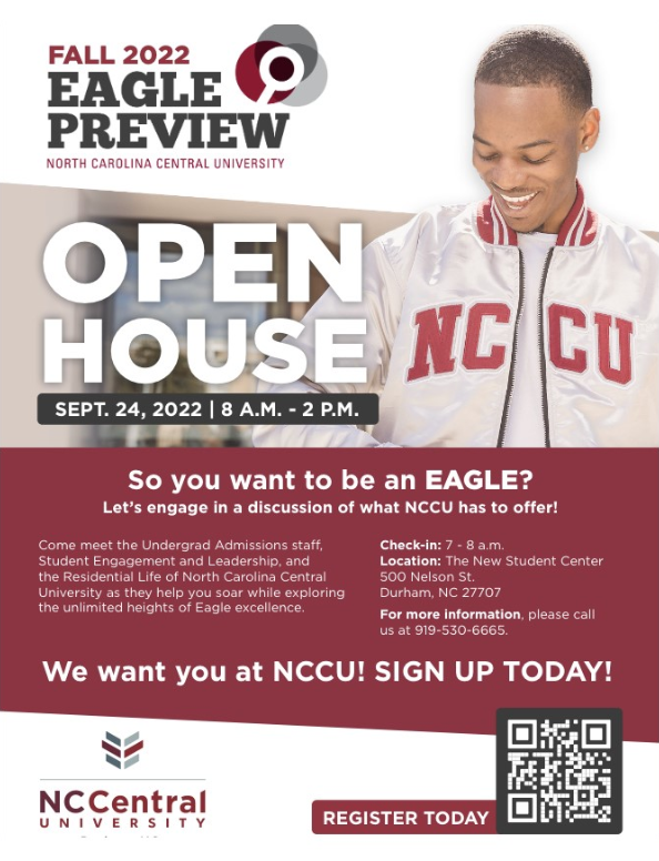 NCCULife's tweet photo. It's that time of the year for Eagle Preview/ Open House! Meet the admission office and support teams of NCCU as they help you soar while exploring the unlimited heights of Eagle excellence. We want you at NCCU! Sign up today! https://t.co/c1vErLRrlw https://t.co/0MQe0x5U5r