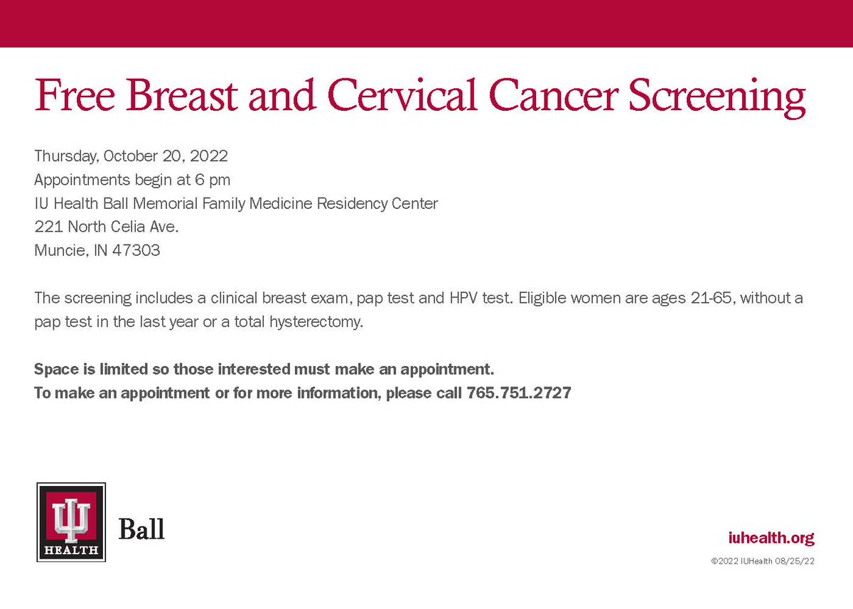 Join us for a free breast and cervical cancer screening on Thursday, October 20. The screening includes a clinical breast exam, pap test, and HPV test. Appointments begin at 6 pm.

Please see the flier below for registration details: