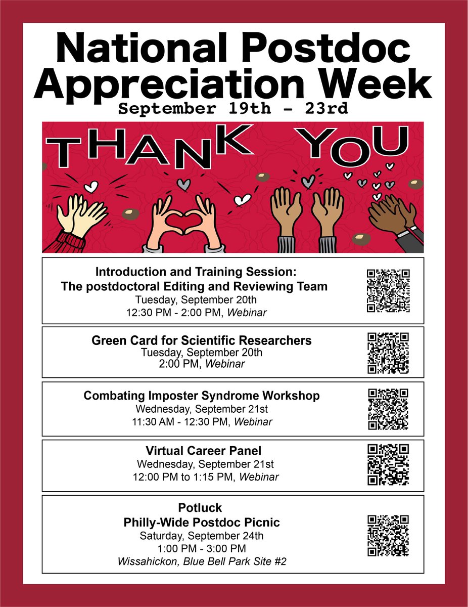 Temple University Postdoctoral Association (@templepostdoc) on Twitter photo Temple Postdoc Association celebrates National Postdoc Appreciation Week with events listed in the poster! Dear Postdocs, thank you for your work! <a href="/TempleUniv/">Temple University</a> <a href="/templemedschool/">Temple Med School</a> Temple Postdoc Association celebrates National Postdoc Appreciation Week with events listed in the poster! Dear Postdocs, thank you for your work! <a href="/TempleUniv/">Temple University</a> <a href="/templemedschool/">Temple Med School</a>