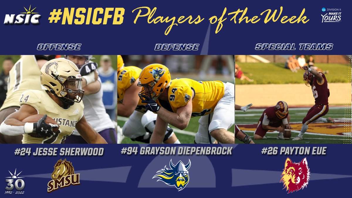 #NSICFB Release No. 3
#NSICPOW
O: #24 Jesse Sherwood - SMSU  
D: #94 Grayson Diepenbrock - Augustana
SP: #26 Payton Eue - Northern State 

Full Release at: northernsun.org/news/2022/9/19…