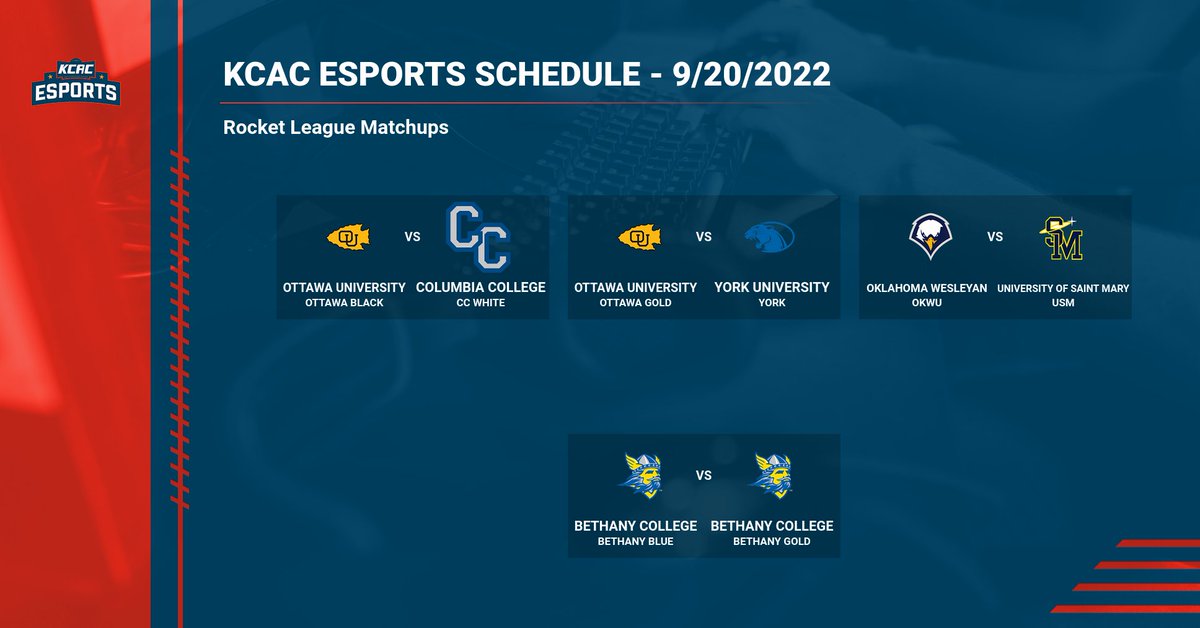 kcacesports's tweet photo. Here is this week's KCAC Esports Rocket League schedule! 
#KCACESPORTS
@Cougar_Esports @ColumbiaCougars
@BethanySwedes @SwedesEsports
@BravesAthletics @esports_ottawa
@YUPanthers @YUPantherESPORT
@OKWUeagles @OKWUesports
@USM_Athletics https://t.co/7zrwyXzqGp