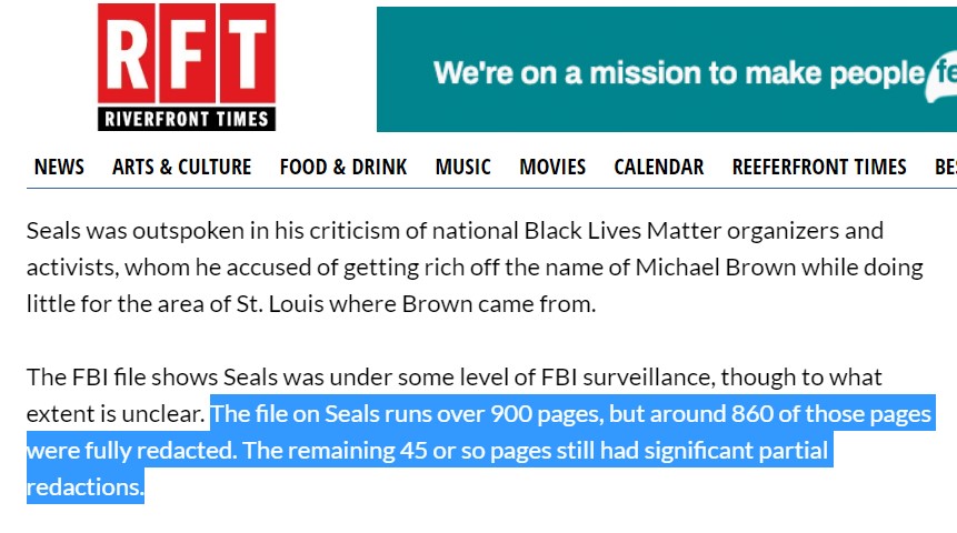 BenjaminNorton's tweet photo. COINTELPRO never ended:

The FBI had a 900-page report on revolutionary Black Lives Matter activist Darren Seals

860 of those pages were fully redacted. The remaining 45 pages had significant partial redactions

While spying on Seals, the FBI also used local police to harass him https://t.co/1zyRsl54kH