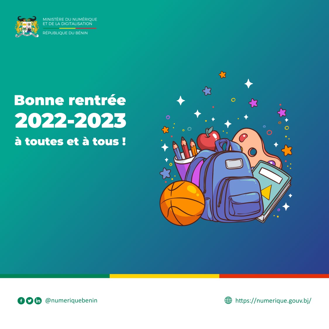 AurelieASZ's tweet photo. En ce lundi 19 septembre 2022, jour marquant le début de l'année scolaire 2022-2023, je souhaite une bonne rentrée des classes aux apprenants, enseignants, parents d'élèves et à tous les acteurs du secteur éducatif béninois 🇧🇯 https://t.co/Pv4JaAJs84