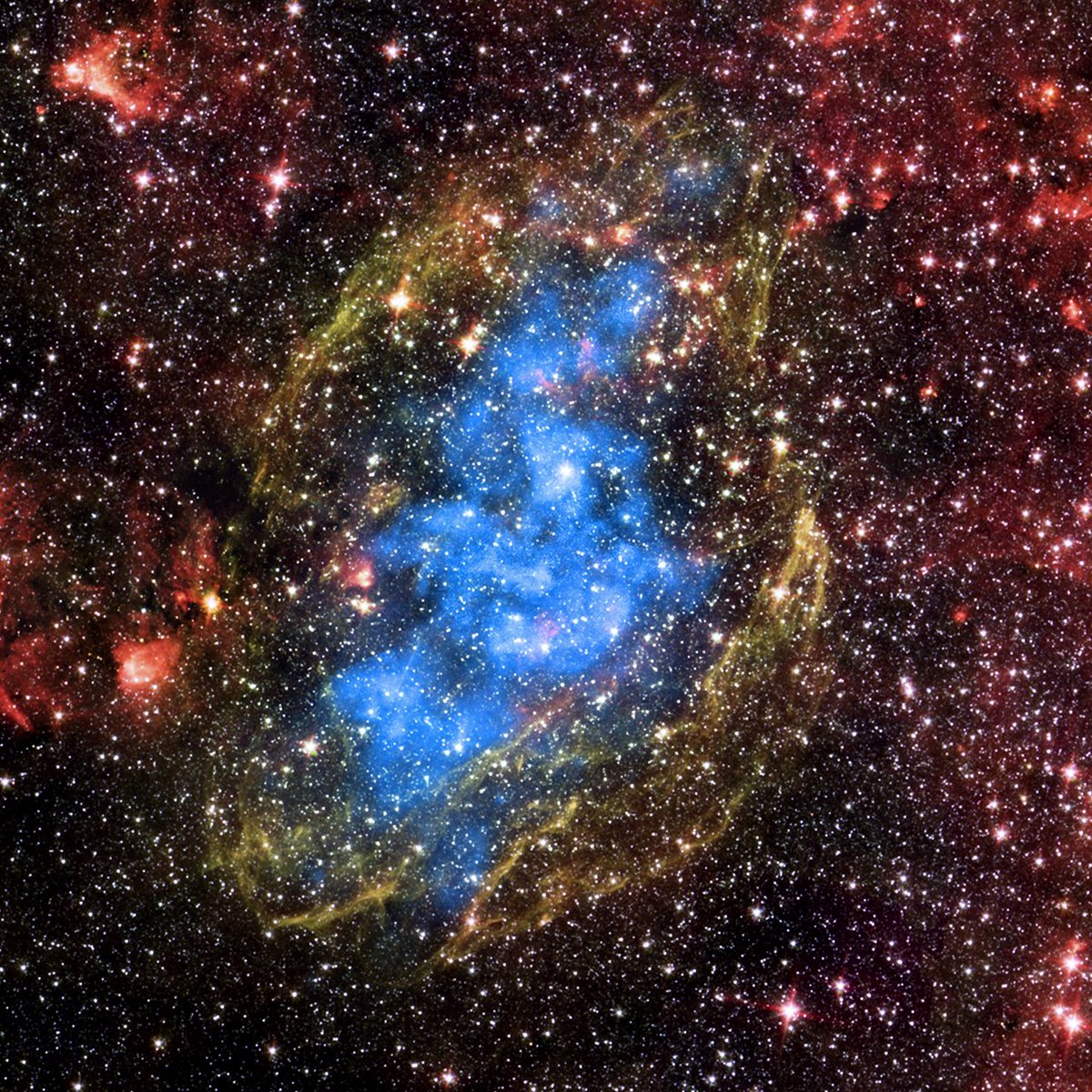 chandraxray's tweet photo. W44 is a supernova remnant located about 8,000 light-years from Earth. The remnant is interacting with the thick interstellar material that surrounds it, encouraging the birth of new stars. W44 is more than 125 light-years across and it's still expanding. https://t.co/fLMBhPHTuV