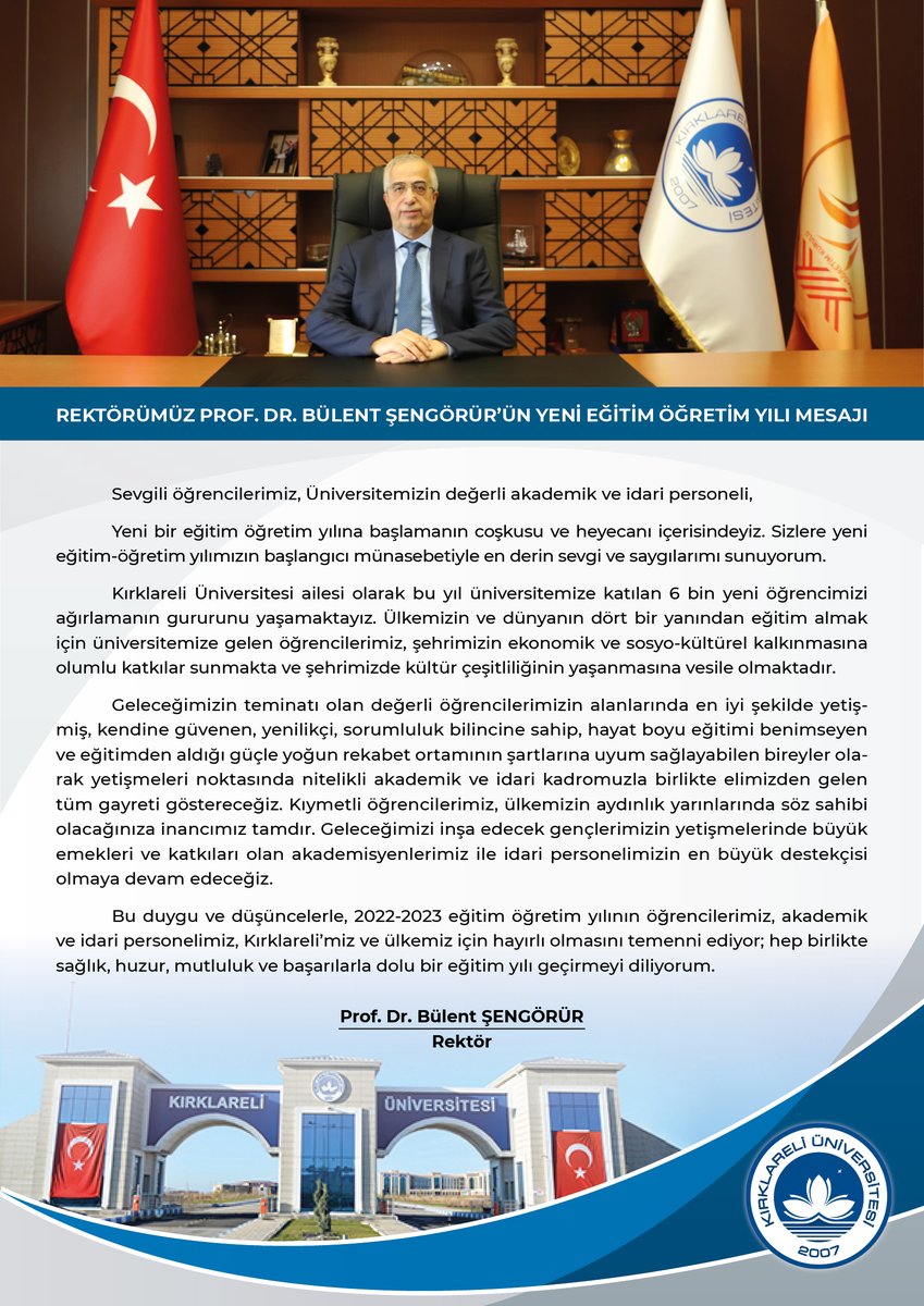 kirklaruni's tweet photo. REKTÖRÜMÜZ PROF. DR. BÜLENT ŞENGÖRÜR’ÜN YENİ EĞİTİM ÖĞRETİM YILI MESAJI
https://t.co/vxcVccHhwA https://t.co/xM9siGCaJk