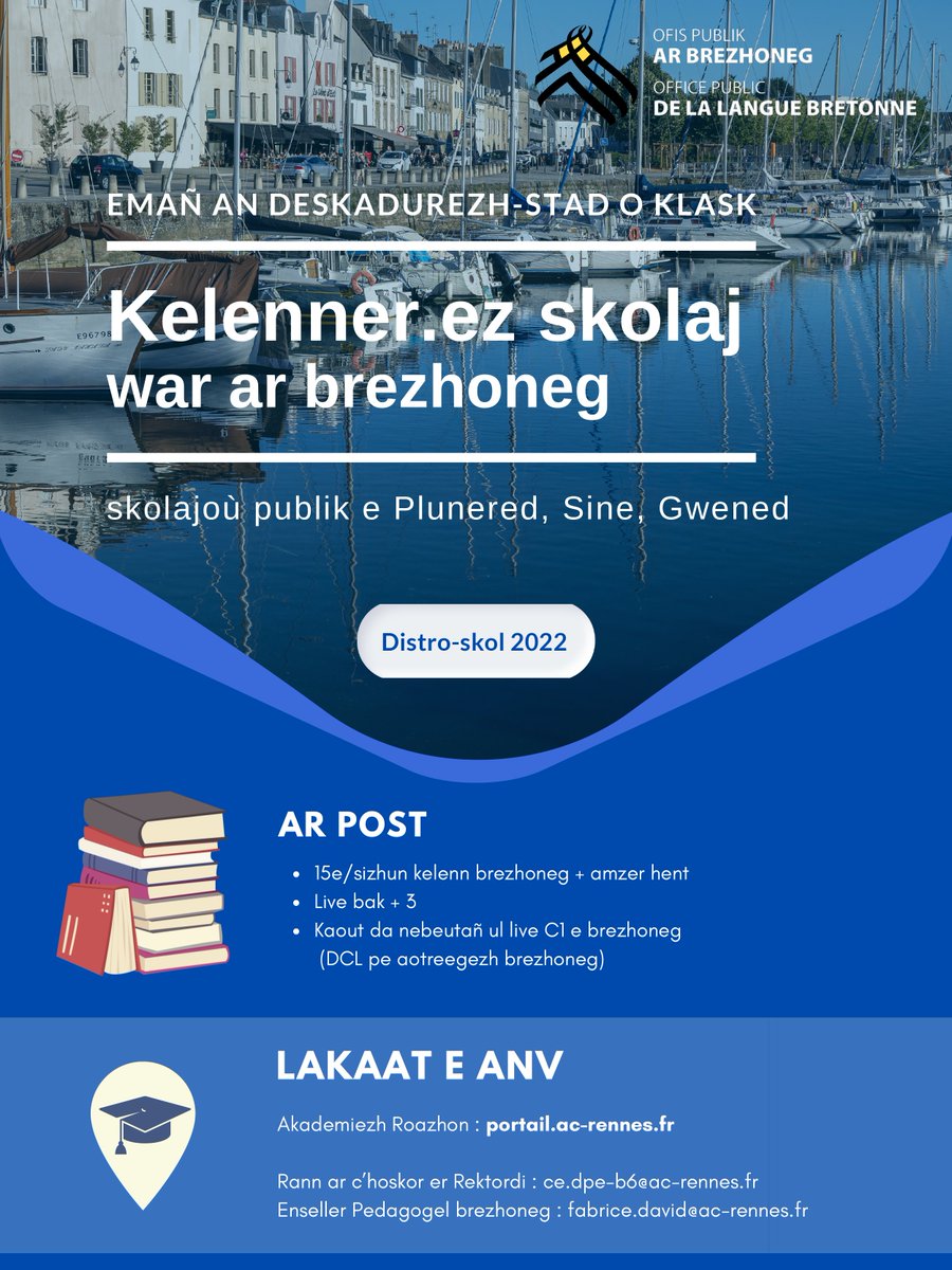 OPAB_OPLB's tweet photo. [MALLUS]
Emañ Akademiezh Roazhon o klask ur c'helenner / ur gelennerez war ar brezhoneg evit kelenn ar brezhoneg er skolajoù divyezhek #Gwened #Morbihan 

Evit gouzout hiroc'h 👉 https://t.co/EVHkZou89b
#brezhoneg #labour #divyezh #skolaj https://t.co/2LKvkVx9QV