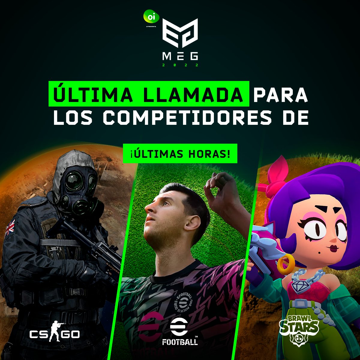 🇧🇷 Cuidado com o vacilo! São as últimas horas para vocês poderem se inscrever nas modalidades de CS, Efootball e Brawl Stars! 

Link: playmeg.gg

#PlayMEG