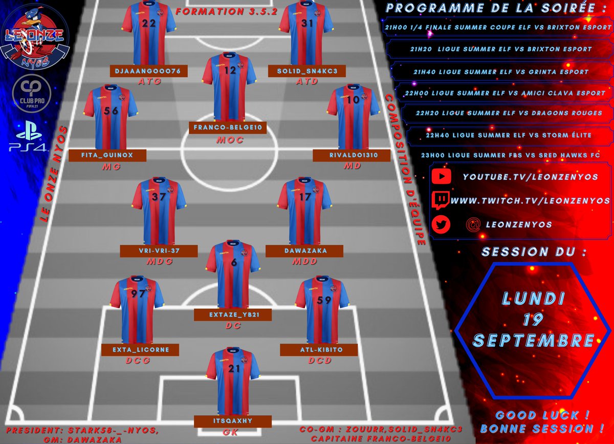 Phoenix Nyos (@phoenixnyos) on Twitter photo Pour cette première soirée de compete de cette semaine nos ducks auront 7 matchs au programme :
6 en <a href="/ELFFIFA/">ELF - ESPORT LEAGUE FRANCE</a> vs :
@stm_elite @DRAGONS__ROUGES <a href="/GrintaO/">GRINTA ESPORT OFFICIEL</a> <a href="/BrixtonEsport/">SK Brixton</a> x2 (coupe+ligue)
1 en @FBS_CUP vs RED HAWKS
Voici notre 11 titulaire et rdv des 21H00 sur notre chaine twitch Pour cette première soirée de compete de cette semaine nos ducks auront 7 matchs au programme :
6 en <a href="/ELFFIFA/">ELF - ESPORT LEAGUE FRANCE</a> vs :
@stm_elite @DRAGONS__ROUGES <a href="/GrintaO/">GRINTA ESPORT OFFICIEL</a> <a href="/BrixtonEsport/">SK Brixton</a> x2 (coupe+ligue)
1 en @FBS_CUP vs RED HAWKS
Voici notre 11 titulaire et rdv des 21H00 sur notre chaine twitch