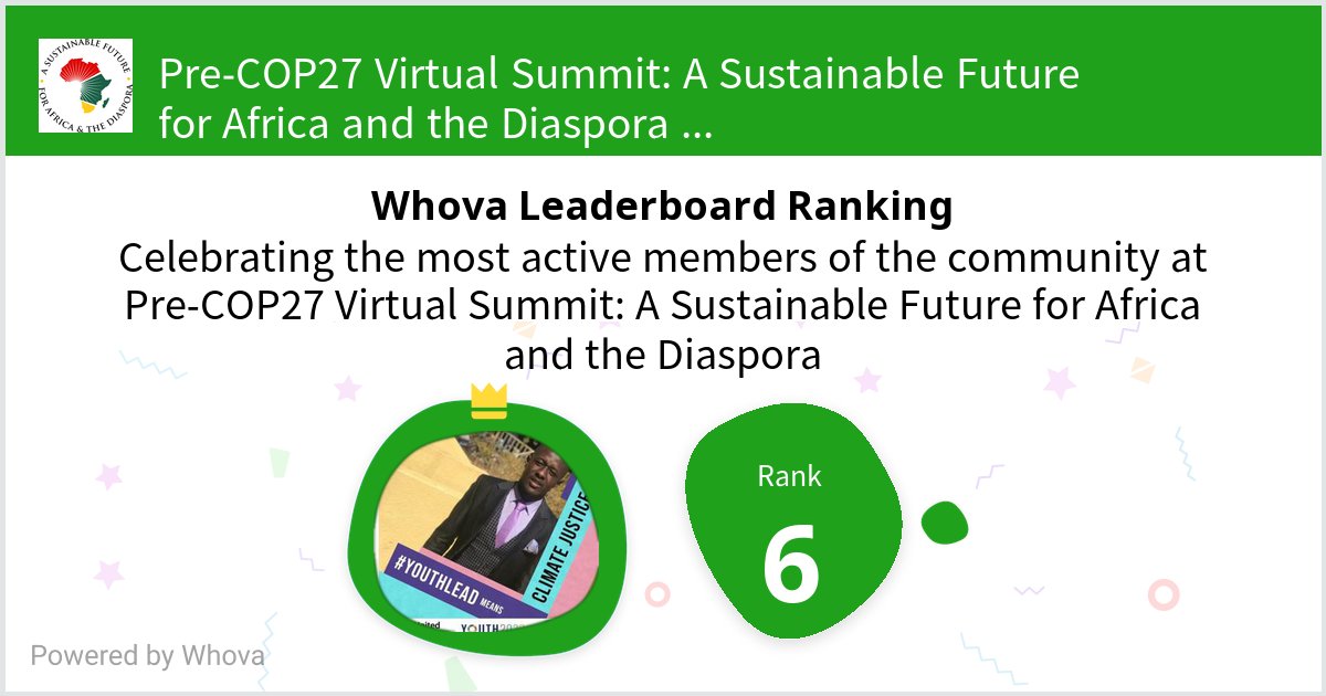 LandryNgogpa's tweet photo. I ranked #6 on the Whova leaderboard at Pre-COP27 Virtual Summit: A Sustainable Future for Africa and the Diaspora! #HBCUGreenFund #OneAfrica #AfricanSustainability #HBCU #Green @HBCUGreenFund @precop27africansummit #PreCOP27 - via #Whova event app https://t.co/UrQCGk5wcM