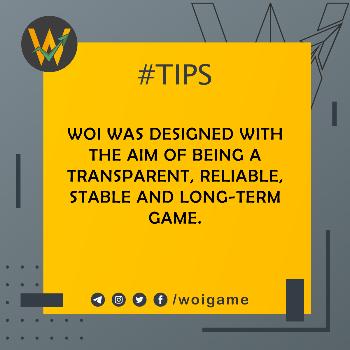 WOIGame's tweet photo. Here is a tip for you about WOI

TIPS #9

#P2E #Play2Earn #NFT #NFTGame #woi #wolfofinvestments https://t.co/F4FRMk9nbt