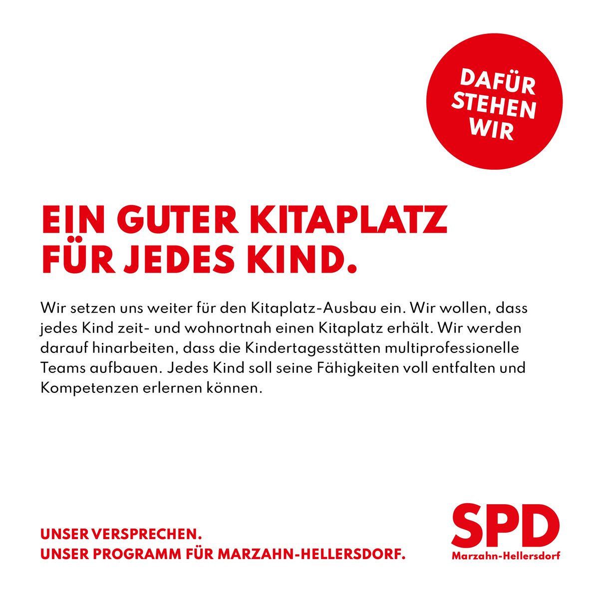 Unser Programm für Marzahn-Hellersdorf ❤️

Der internationale #Kindertag ist zwar erst morgen, aber als SPD arbeiten wir das ganze Jahr für die Familien im Bezirk. Wir wollen, dass alle Kinder einen guten Kitaplatz in der Nähe ihres Zuhauses haben.