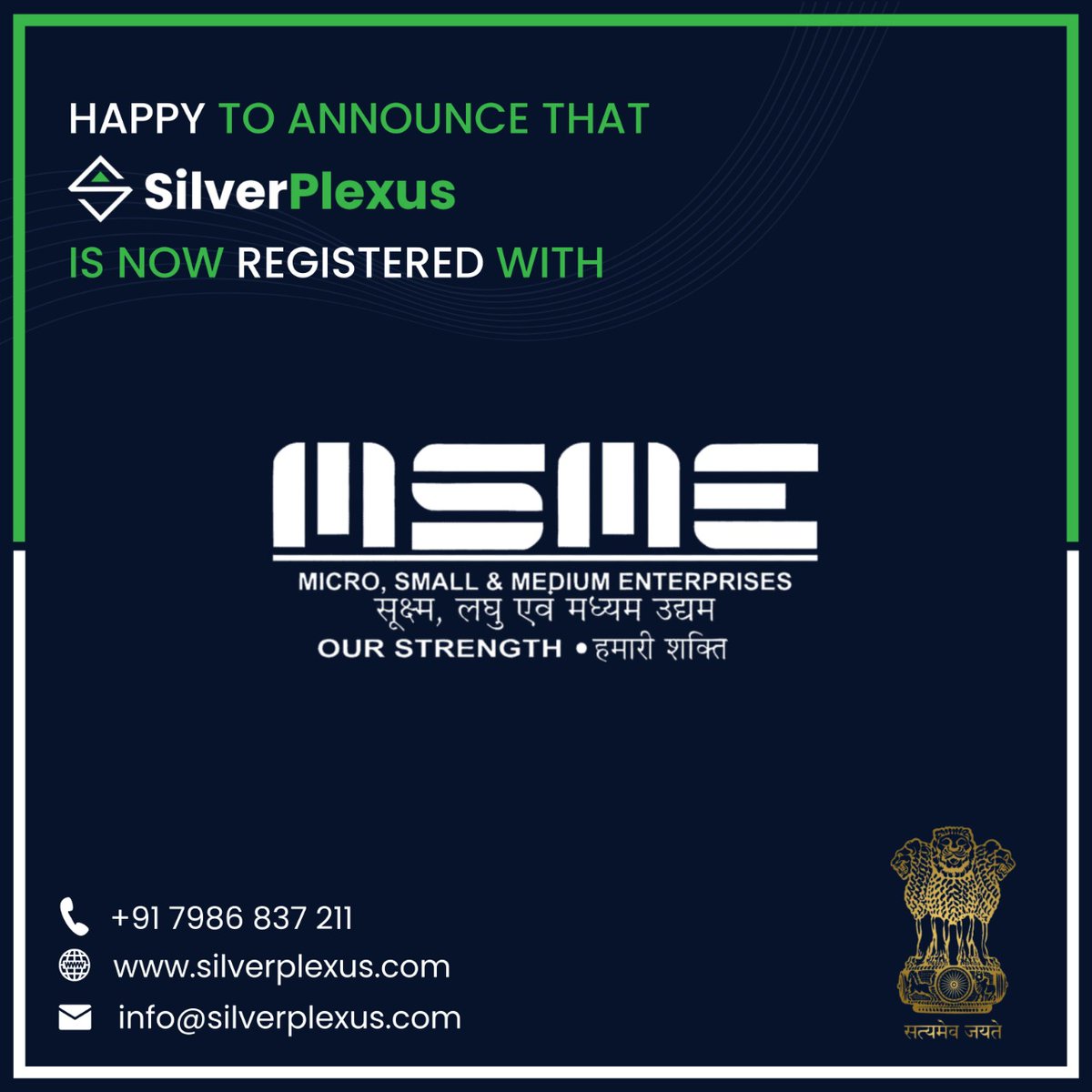 SilverPlexus's tweet photo. We are delighted to announce that Silver Plexus is now Udyam Registered under MSME.💚
.
.
#udyamregisteration #udyamregistered #msme #msmeregistered #silverplexus #website #webdevelopment #webdesigning #needwebsite #onlinebusiness #websiteexpert #webdesign #webdesigner https://t.co/EuJUgIXK78