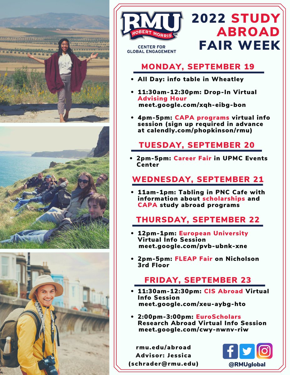 RMUGlobal's tweet photo. It's Study Abroad Fair Week at @RMU! Join us NOW for a virtual drop-in advising hour at https://t.co/D4gvanZEju and check out our flyer (or Revolution) for more details about the rest of the week! https://t.co/plfIKVE1Yo