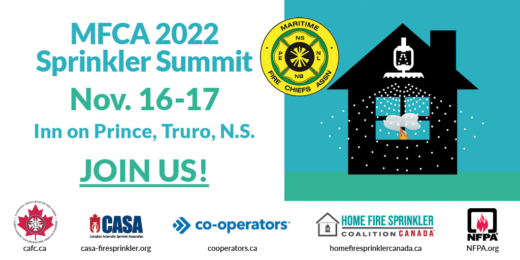 LauraKingNFPA's tweet photo. Atlantic Canada fire departments: register today for our @MFCAFireChiefs Sprinkler Summit.

Bring the mayor, councillors, building officials, planners, designers, and developers, and learn how to work together to encourage use of home fire sprinklers!

https://t.co/uR2ybVEezF https://t.co/aW4dRGnSdb