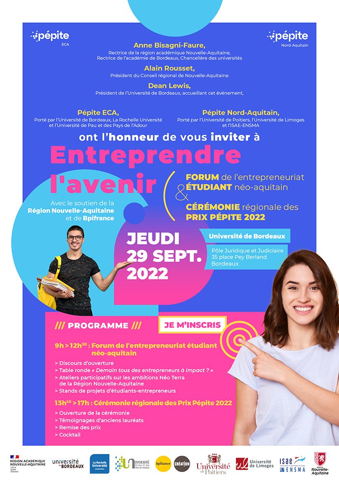 #Agenda Jeudi 29/09 (9h-17h) au Pôle juridique et judiciaire à #Bordeaux a lieu l'événement "Entreprendre l'avenir", forum de l'#entrepreneuriat étudiant et cérémonie régionale des prix <a href="/PepiteFrance/">Pépite France</a> 2022 - consultez le programme et inscrivez-vous : u-bordeaux.fr/evenements/ent…