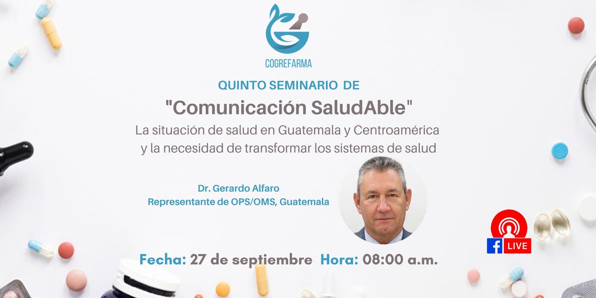 Extendemos una cordial invitación, martes 27 de septiembre en horario de 08:00 a.m. a través de nuestra página de Facebook, al seminario impartido por el Dr. Gerardo Alfaro, Representante de OPS/OMS Guatemala.

bit.ly/3qLGIBo

#SistemadeSalud #Guatemala #comunicacion