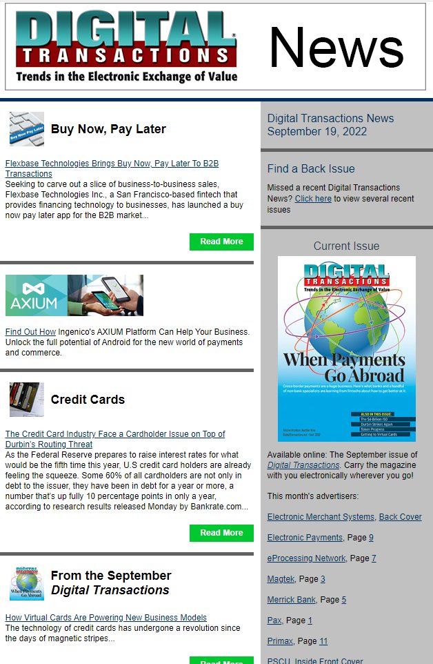 DTPaymentNews's tweet photo. Today’s Digital Transactions News: BNPL for B2B; Credit Card Balance Jitters; Netcetera and Mastercard
https://t.co/S8CLBPdF5i
#BNPL #Flexbase #creditcards #debitcards #debt #FederalReserve #payments #Netcetera https://t.co/MnW0MNlNyI
