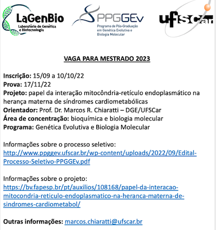 chiarattimr's tweet photo. VAGA PARA MESTRADO 2023
Inscrição: até 10/10/22
Prova: 17/11/22
Projeto: papel da interação mitocôndria-retículo endoplasmático na herança materna de síndromes cardiometabólicas
Orientador: Prof. Dr. Marcos R. Chiaratti
Programa: Genética Evolutiva e Biologia Molecular - UFSCar https://t.co/nfisc4D78v
