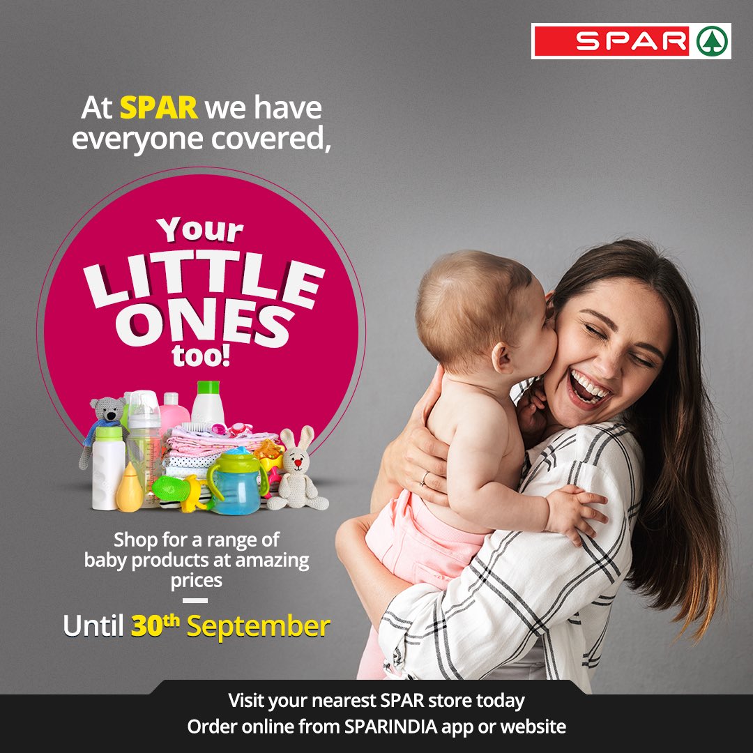 SparIndiaHyper's tweet photo. Give your little ones the fun day they deserve, with #BabysDayOut at SPAR!
Shop for a range of baby products at great prices until 30th September.
#Spar #SparIndia #SparRetail #SparHyperMarket #BabyProducts #BabyShopping #Offers #FreeDoctorConsultation #Discounts #ShopOnline https://t.co/0ke9fvSUks