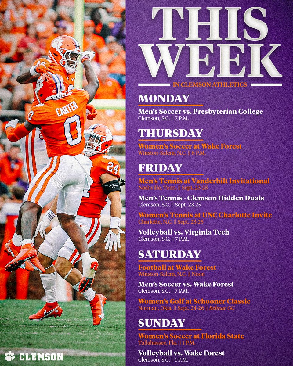 Clemson Athletics (@clemsontigers) on Twitter photo Four matchups against Wake Forest and <a href="/ClemsonMTennis/">Clemson Men's Tennis</a>'s return to the Duckworth Family Tennis Facility highlight This Week in Clemson Athletics! Four matchups against Wake Forest and <a href="/ClemsonMTennis/">Clemson Men's Tennis</a>'s return to the Duckworth Family Tennis Facility highlight This Week in Clemson Athletics!