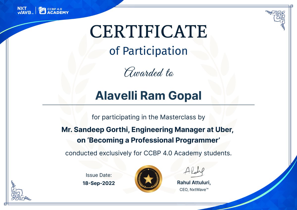 RamAlavelli's tweet photo. Felling Great to participate in the masterclass by Mr.Sandeep Gorthi sir on "Becoming a professional programmer" and awarded by the Certificate 
Thanks to @nxtwave_tech 
#ccbpian #nxtwave https://t.co/g5RQfiV8W5