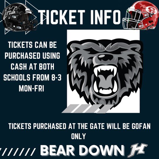 HocoAthletics's tweet photo. Ticket information for Friday’s game!  Tickets can be purchased at the school during the week.  @GoFanHS ONLY at the gate!  Make plans today! @RizerBEARDOWN @jbrettBEARDOWN @hchsbeardown @BearDownHOCO @robinsfootball1 @cmccookhcbe https://t.co/MN1kfC2xt7