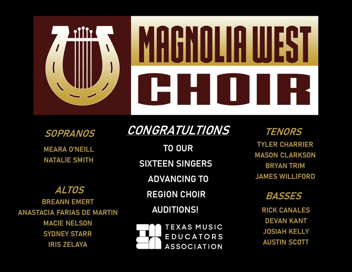 MagnoliaISD's tweet photo. Congratulations to all of our high school choir students who are advancing to regional audtions! https://t.co/ApDWEgZDYt