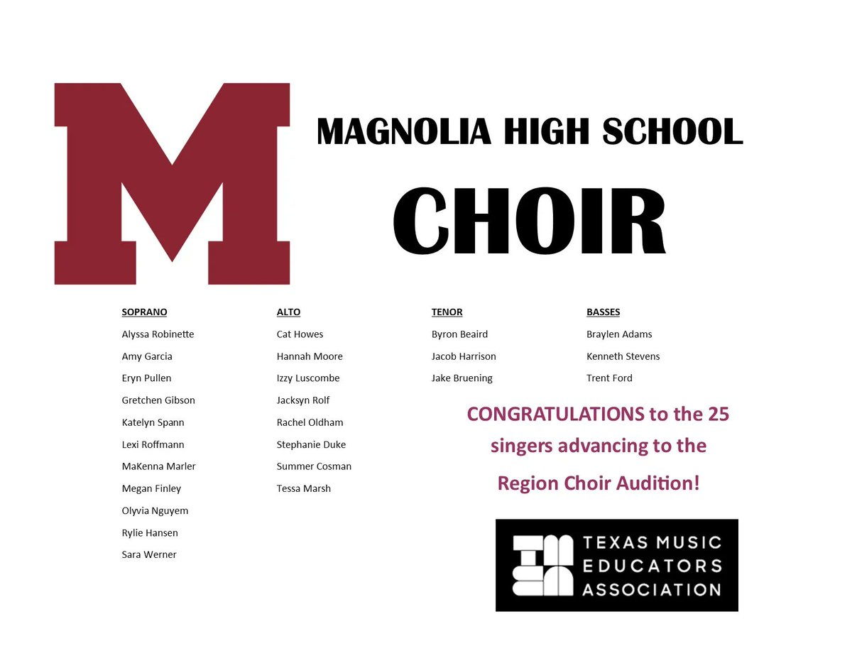 MagnoliaISD's tweet photo. Congratulations to all of our high school choir students who are advancing to regional audtions! https://t.co/ApDWEgZDYt