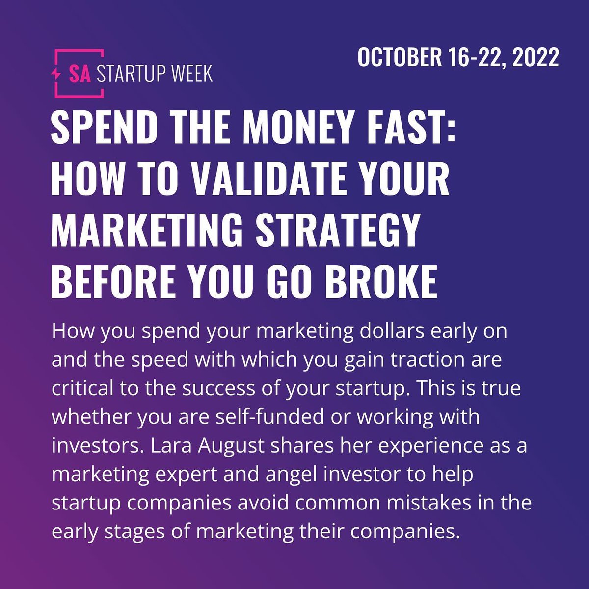 sastartupweek's tweet image. Save money fast. Spend smartly. Lara August dives into the importance of spending your marketing dollars early for your startup and how to save money in her session, Spend the Money Fast: How to Validate Your Marketing Strategy Before You Go Broke. 
Register now for free!