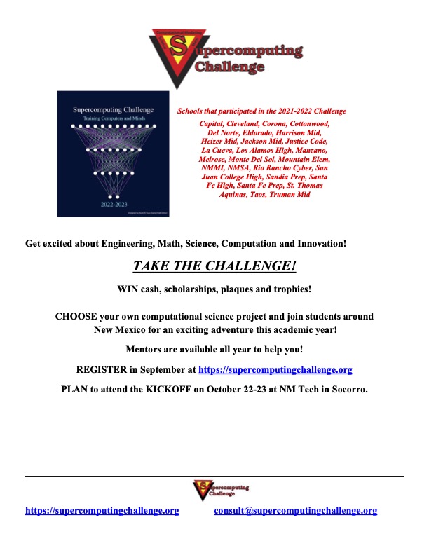 Don't miss out on this opportunity! The 33rd Annual Supercomputing Challenge has registration open until September 30th for middle and high school students!
Registration: supercomputingchallenge.org/22-23/registra…
#STEM #science #technology  #math #engineering  #futureleadersinSTEM #NewMexicoSTEM