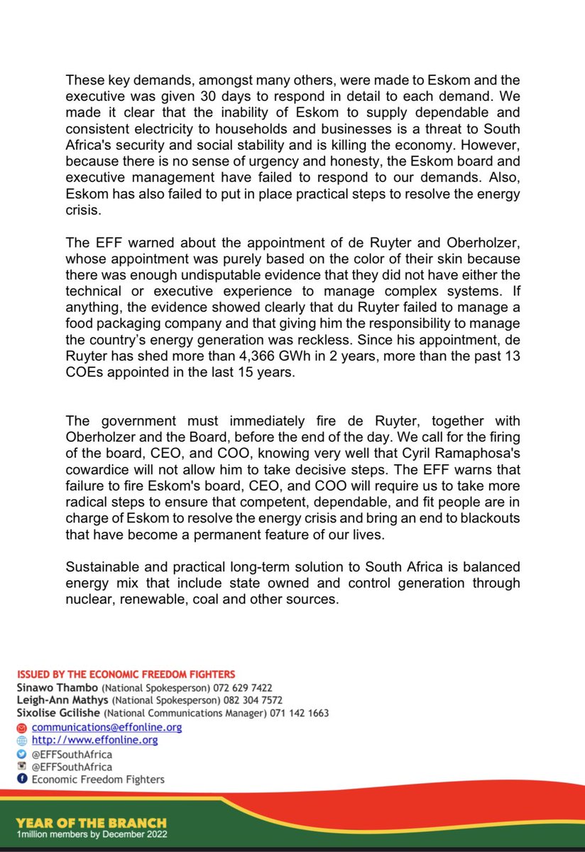 EFFSouthAfrica's tweet photo. EFF Calls For The Immediate Firing Of Eskom Board, CEO and COO https://t.co/i3xYLKeg2O