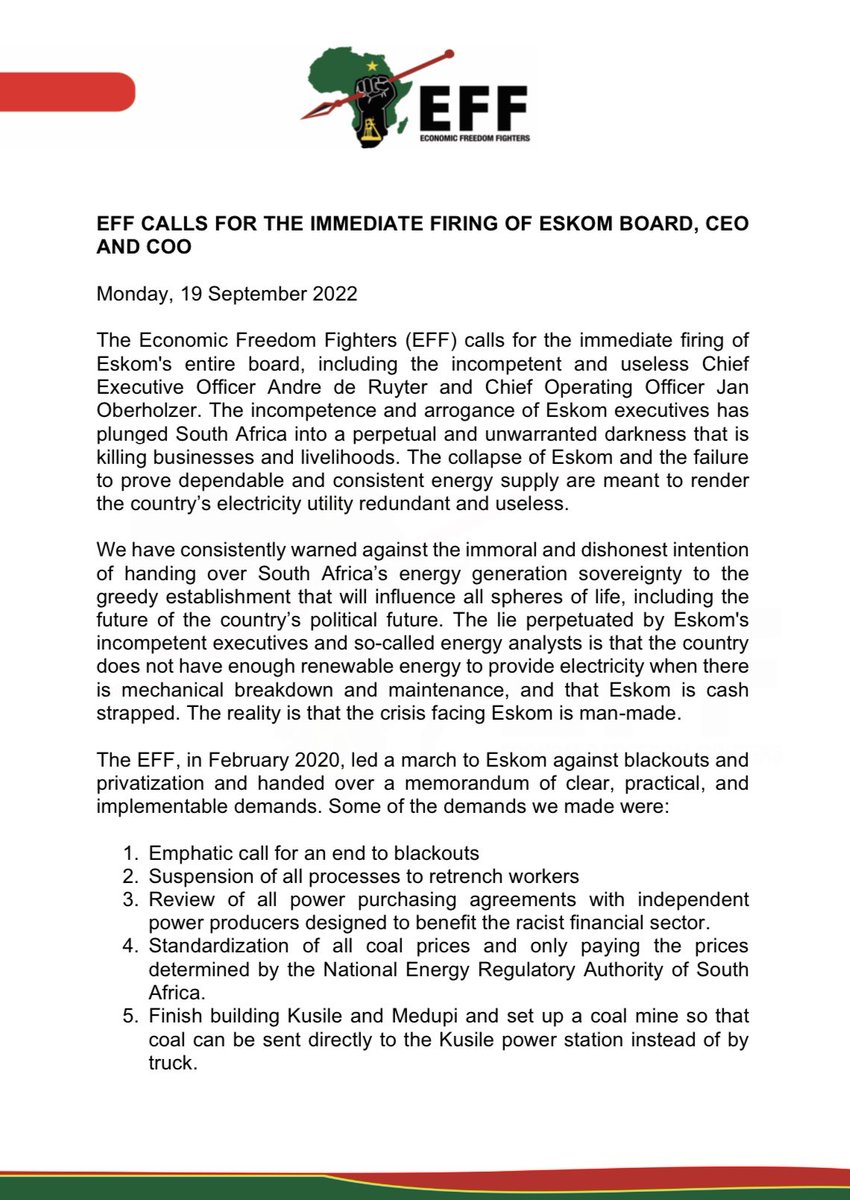 EFFSouthAfrica's tweet photo. EFF Calls For The Immediate Firing Of Eskom Board, CEO and COO https://t.co/i3xYLKeg2O